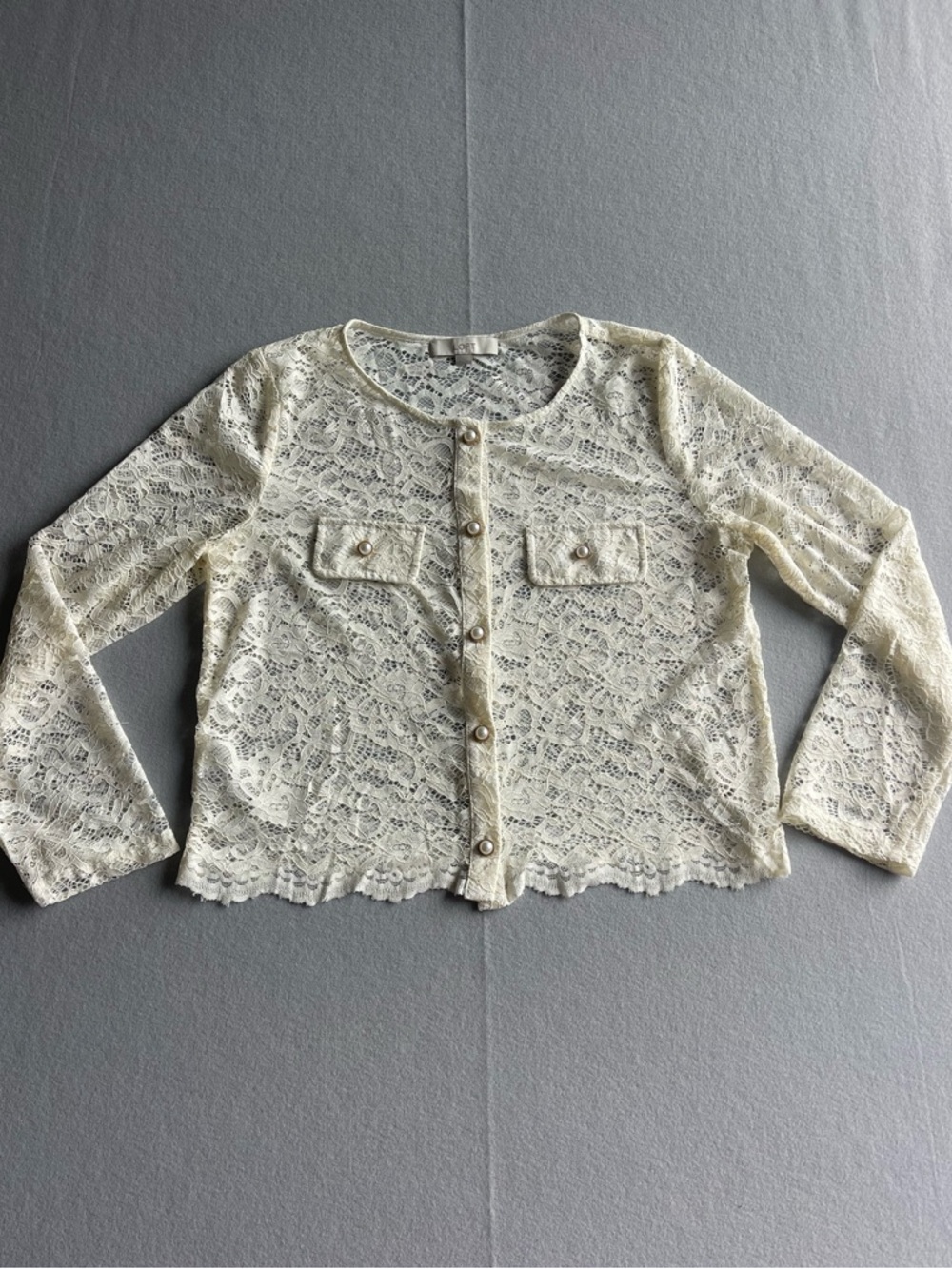 LOFT Ivory Lace Jacket Large Sheer Button Front Feminine Layering